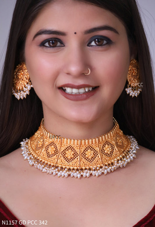 Gold Plated Choker Necklace Set with Earrings