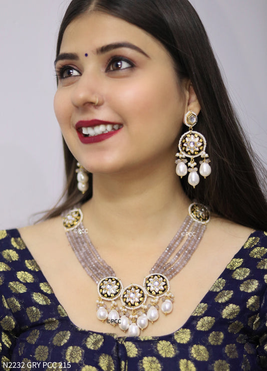 Handmade Kundan Mala Style Necklace Set With Earrings