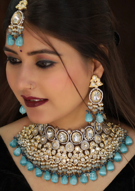 Handcrafted  Polki Kundan Bridal Choker Necklace Set Bridal Jewelry