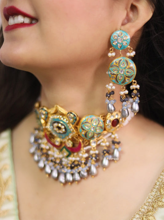 Beautiful Multicolor Choker Kundan Necklace with Pearls & earrings