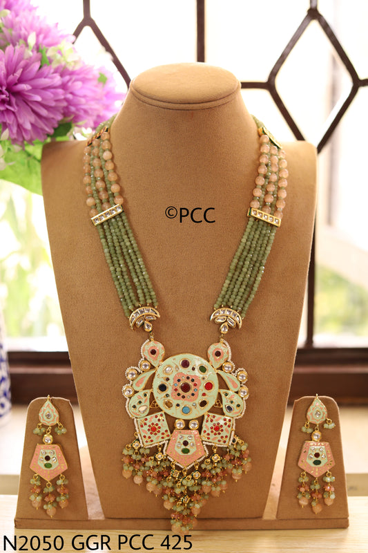 Handmade Meena Kundan Mala Style Necklace & Earrings Set