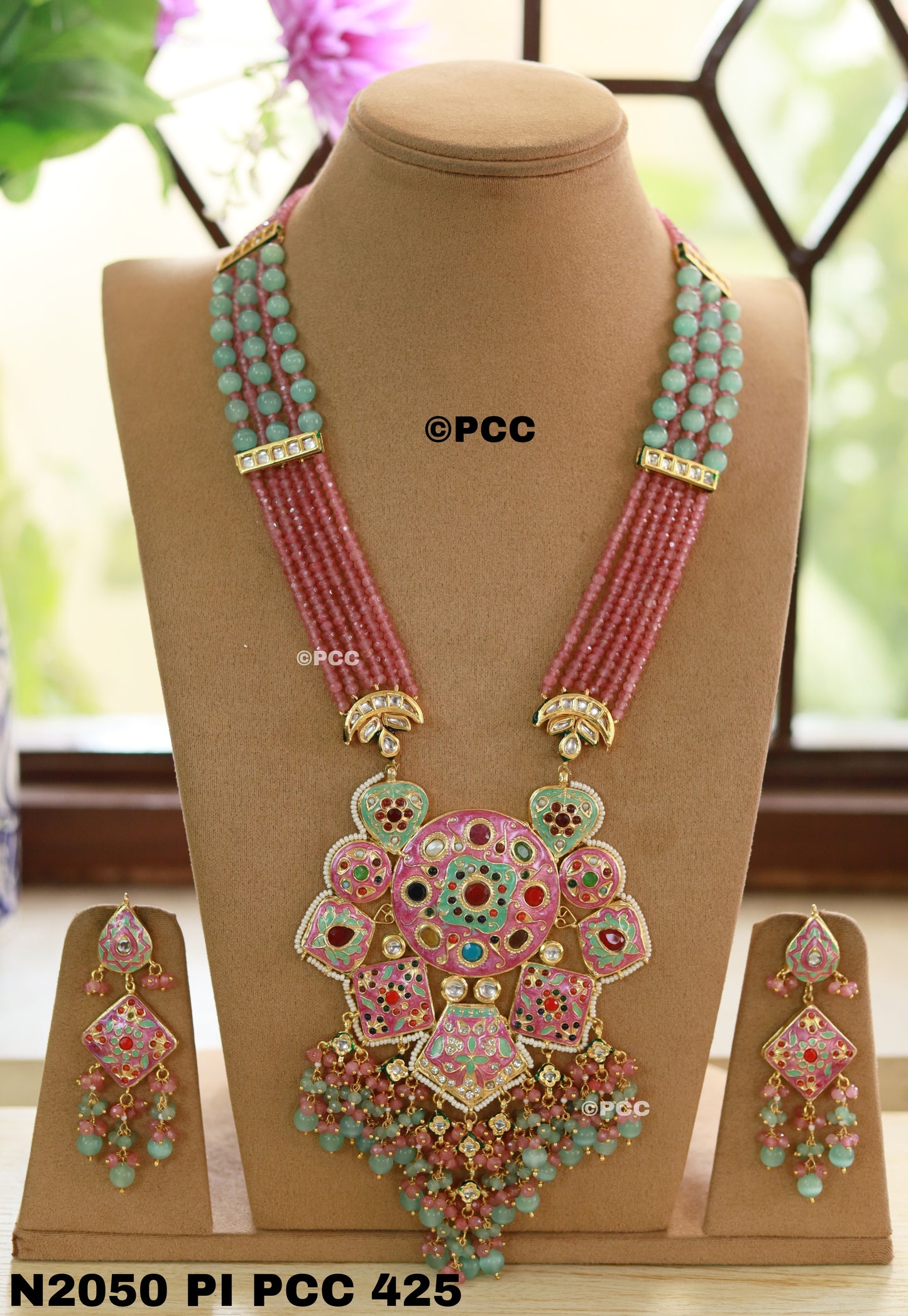Handmade Meena Kundan Mala Style Necklace & Earrings Set