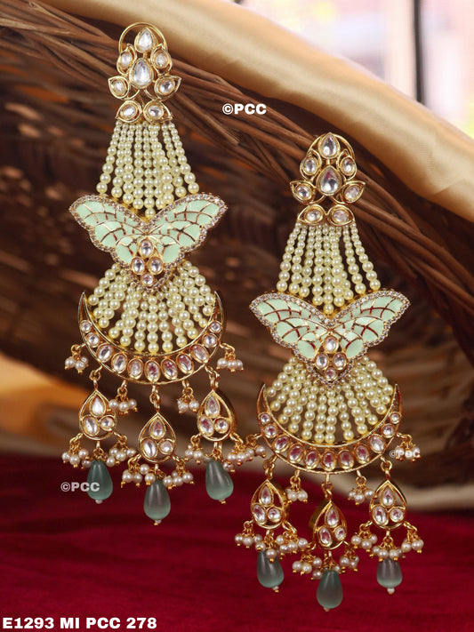 Gold Finish Chandbali Butterfly Earrings With Semi-Precious Stones