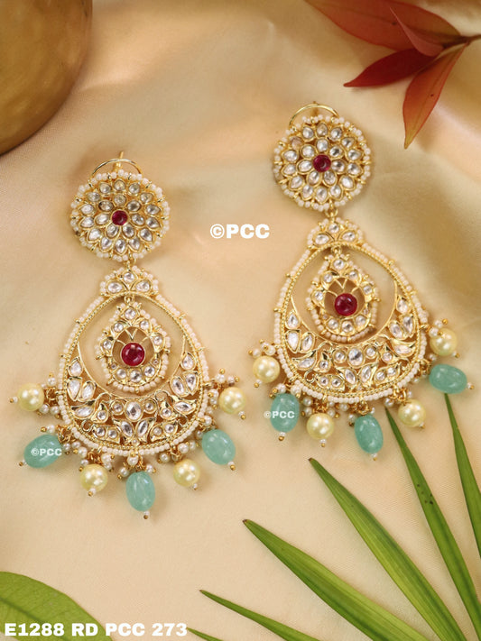 Gold Plated Green Onyx & Pearl Chandbali Earrings