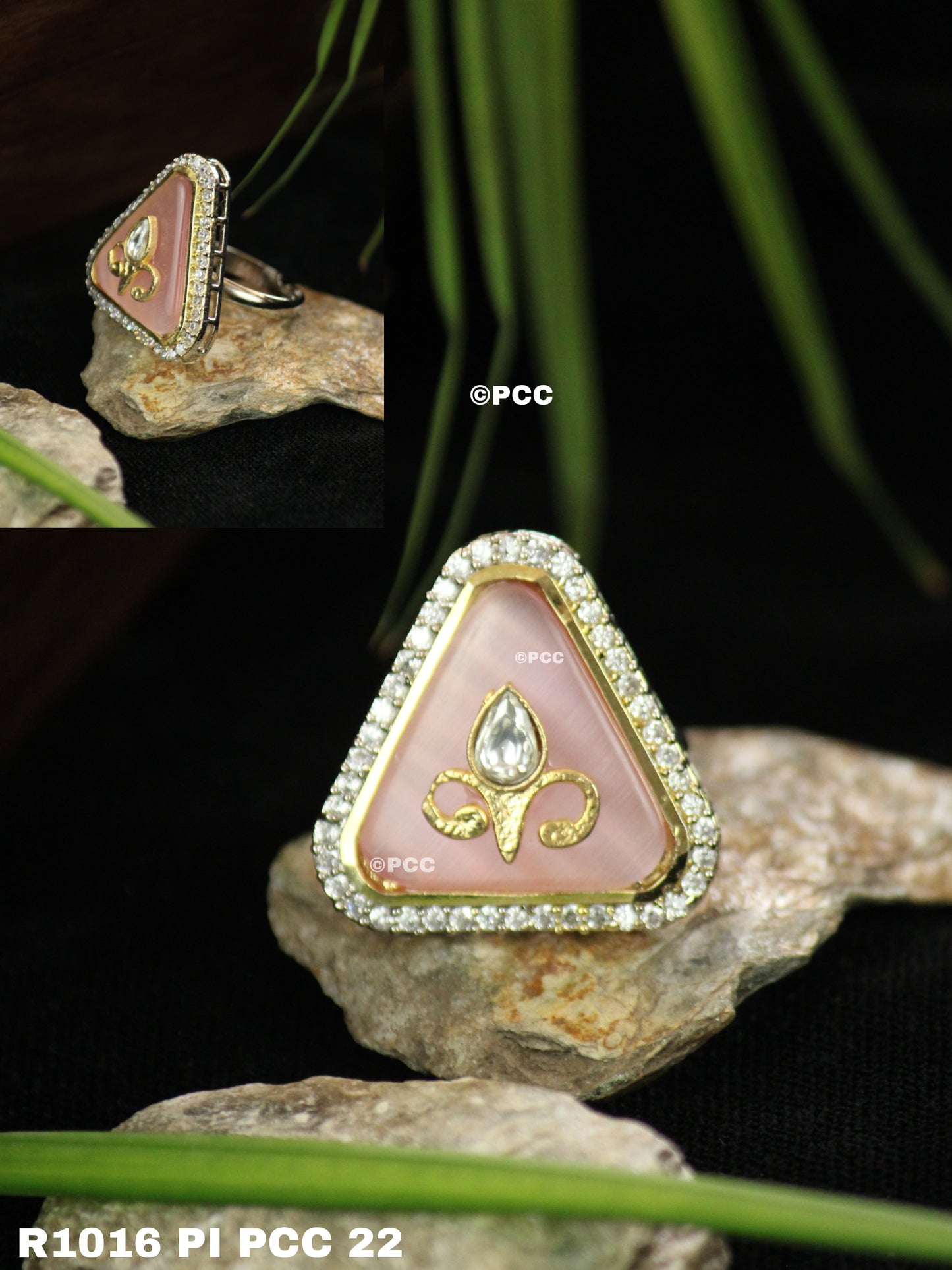 Gold Plated Triangle Polki Silver Ring