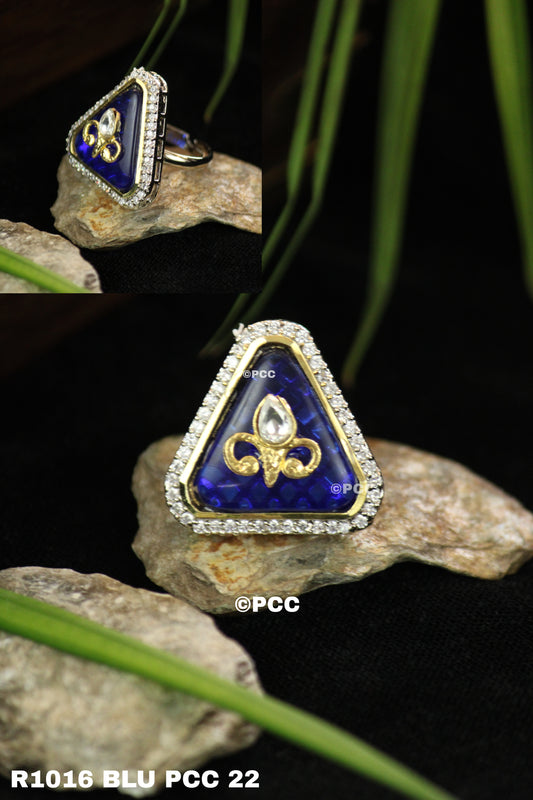 Gold Plated Triangle Polki Silver Ring