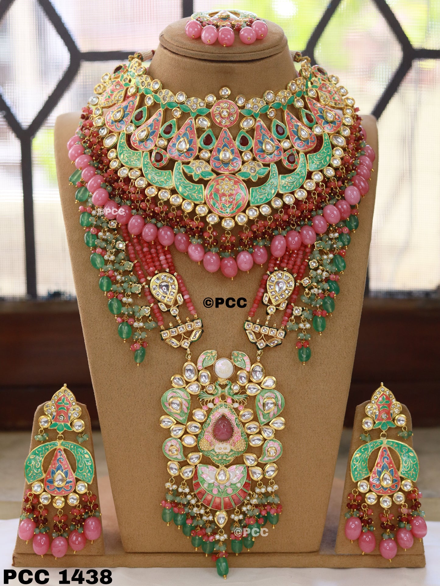 Pink & Green Meenakari Necklace Set with Long Pendant Necklace, earrings & tikka