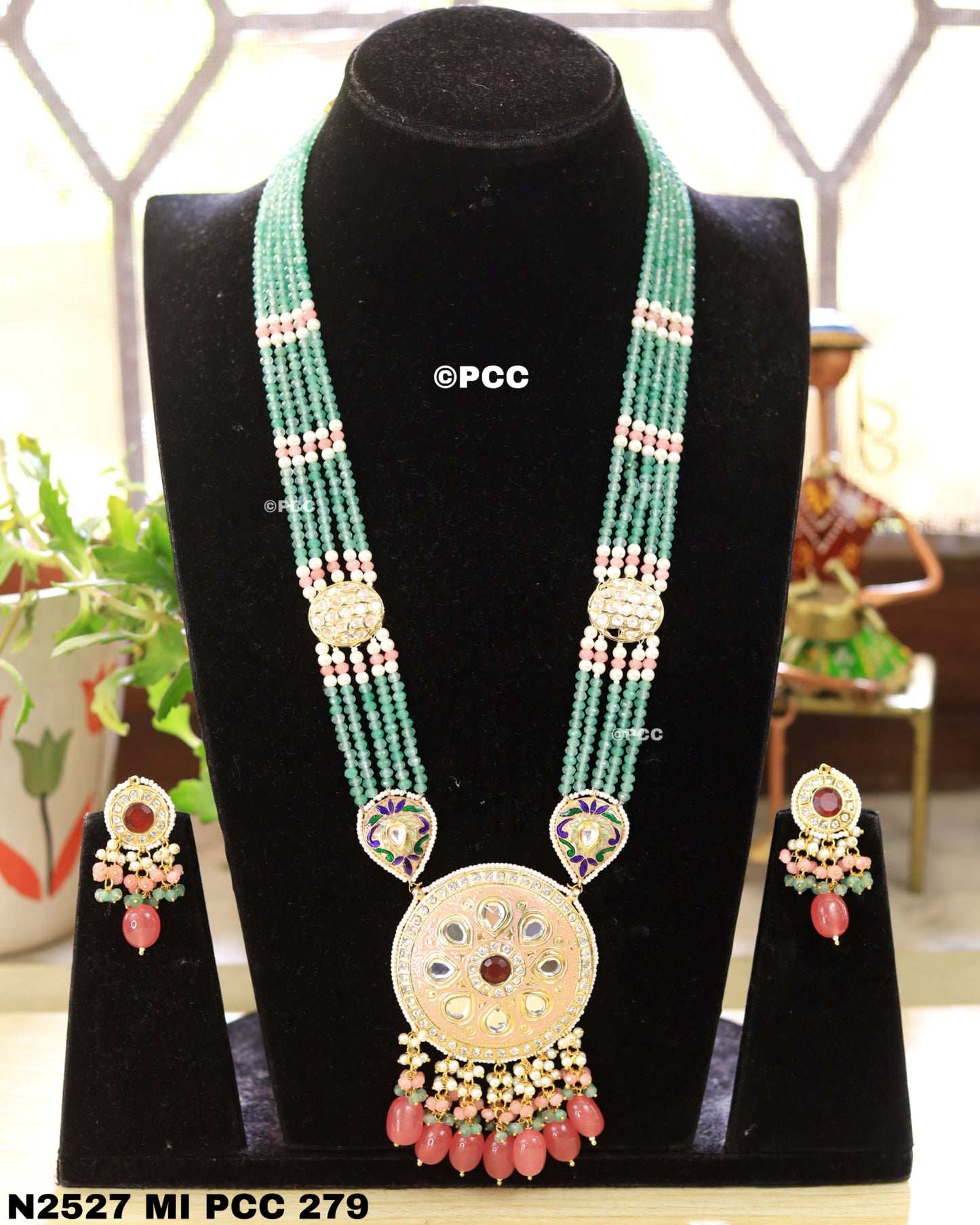 Kundan Meenakari & semiprecious Long Necklace With Earring set