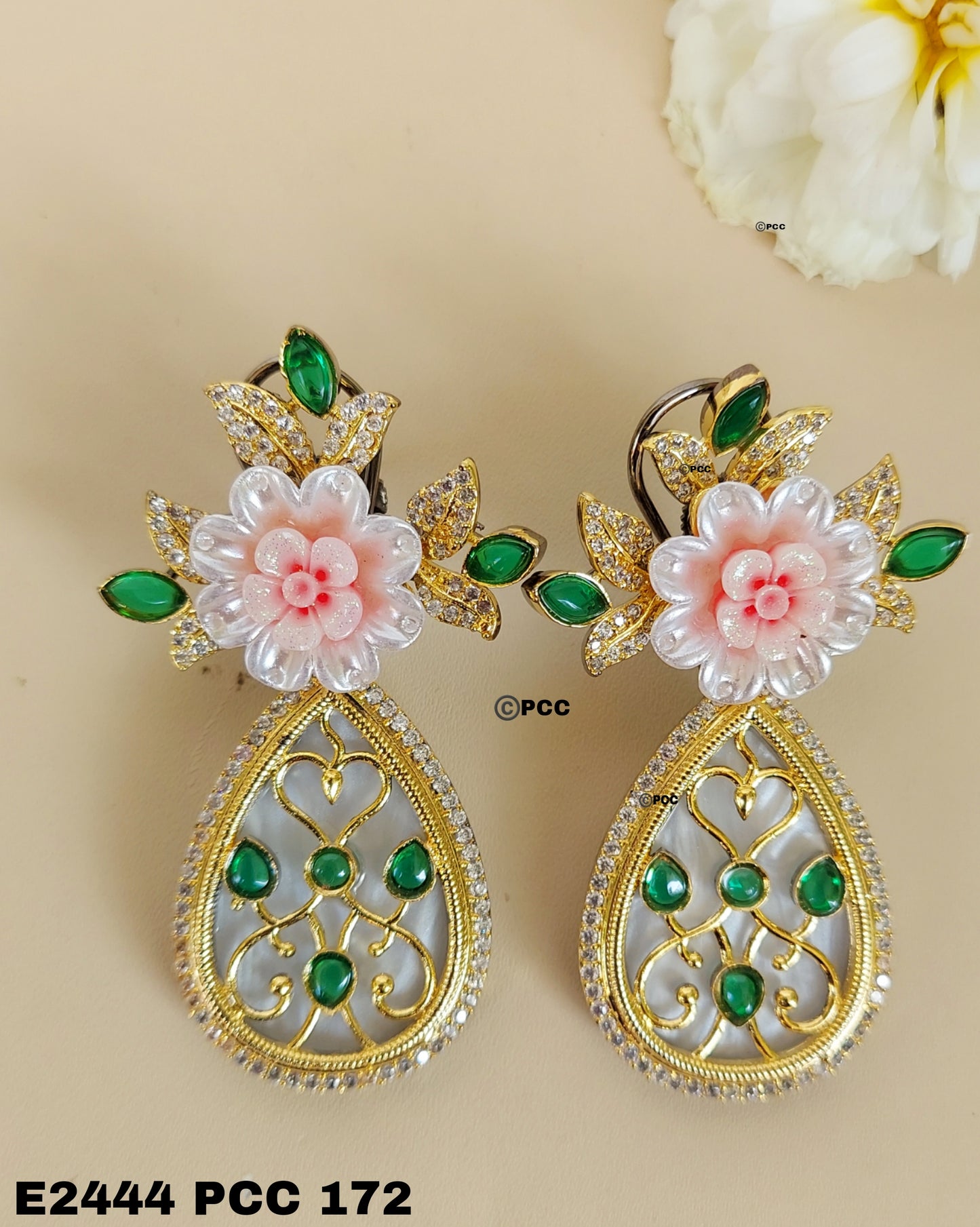 Designer semi-precious earrings featuring mother of pearl