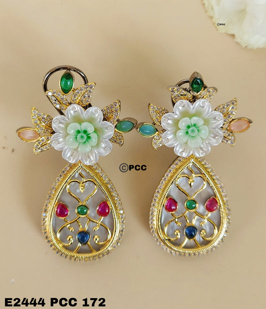 Designer semi-precious earrings featuring mother of pearl