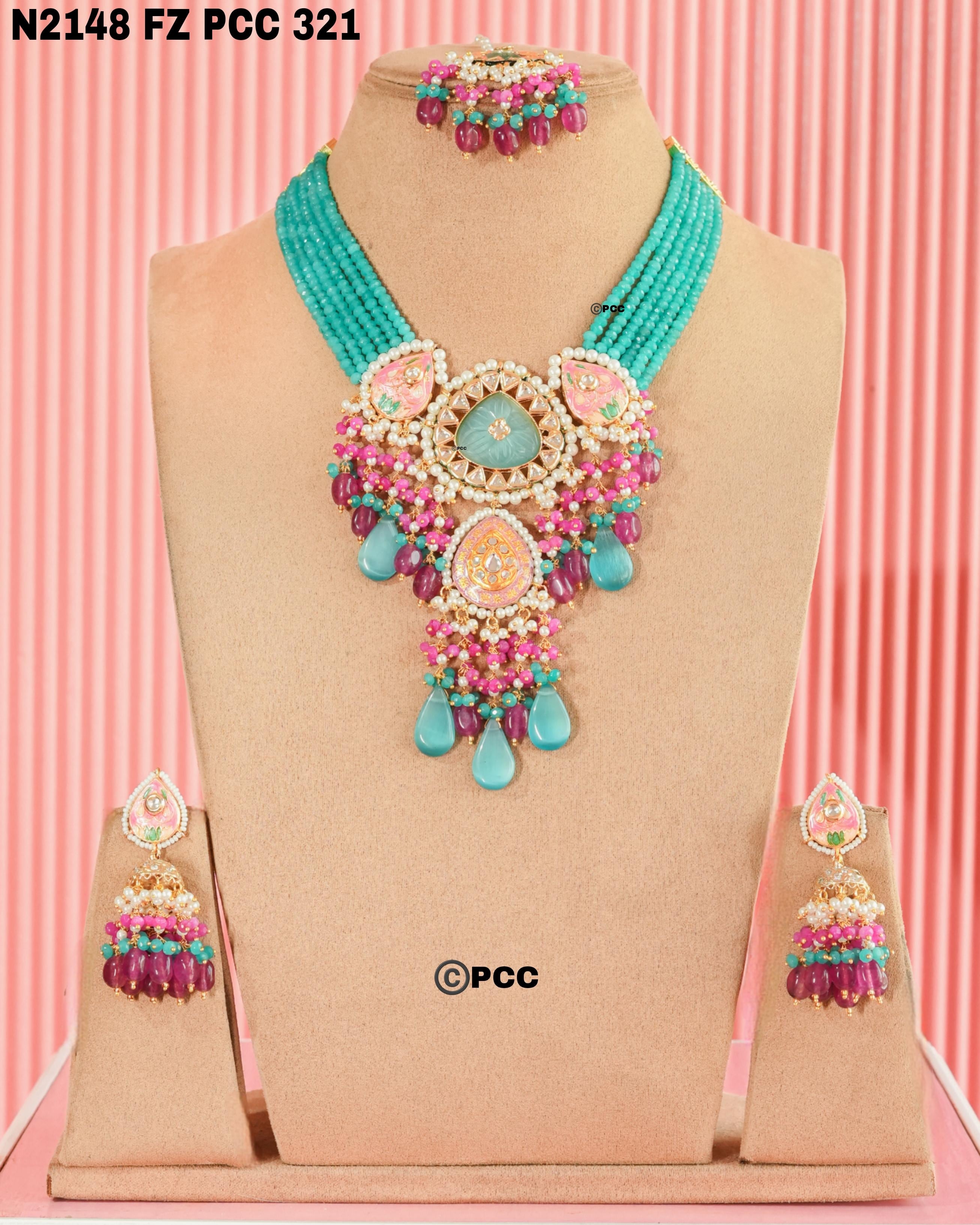 Handcrafted Meenakari Necklace Set with Kundan Stones & Natural Beads