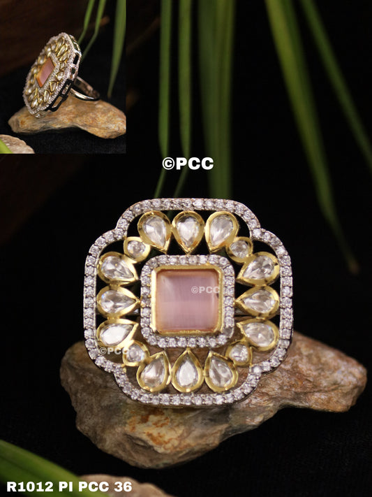 Gold Plated Polki Silver Ring With Stones And CZ