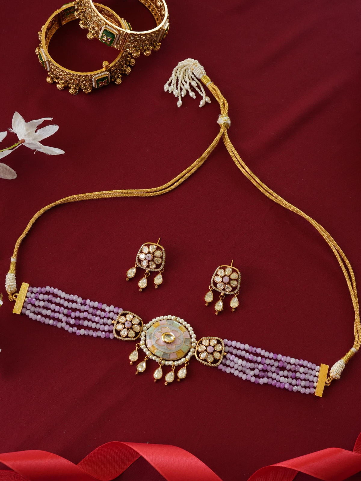 Lavender Bloom Meenakari Moissanite Choker Necklace Set