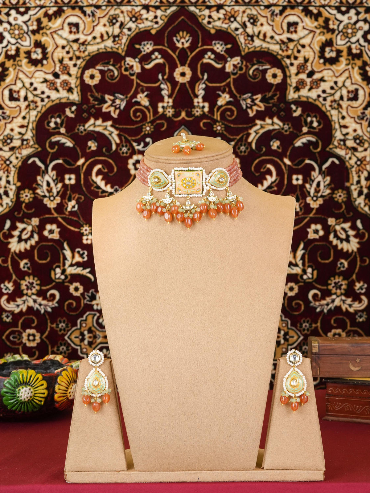 Handcrafted Meenakari Kundan Choker Set, Onyx Beads, Quartz Drops, Bridal Jewelry