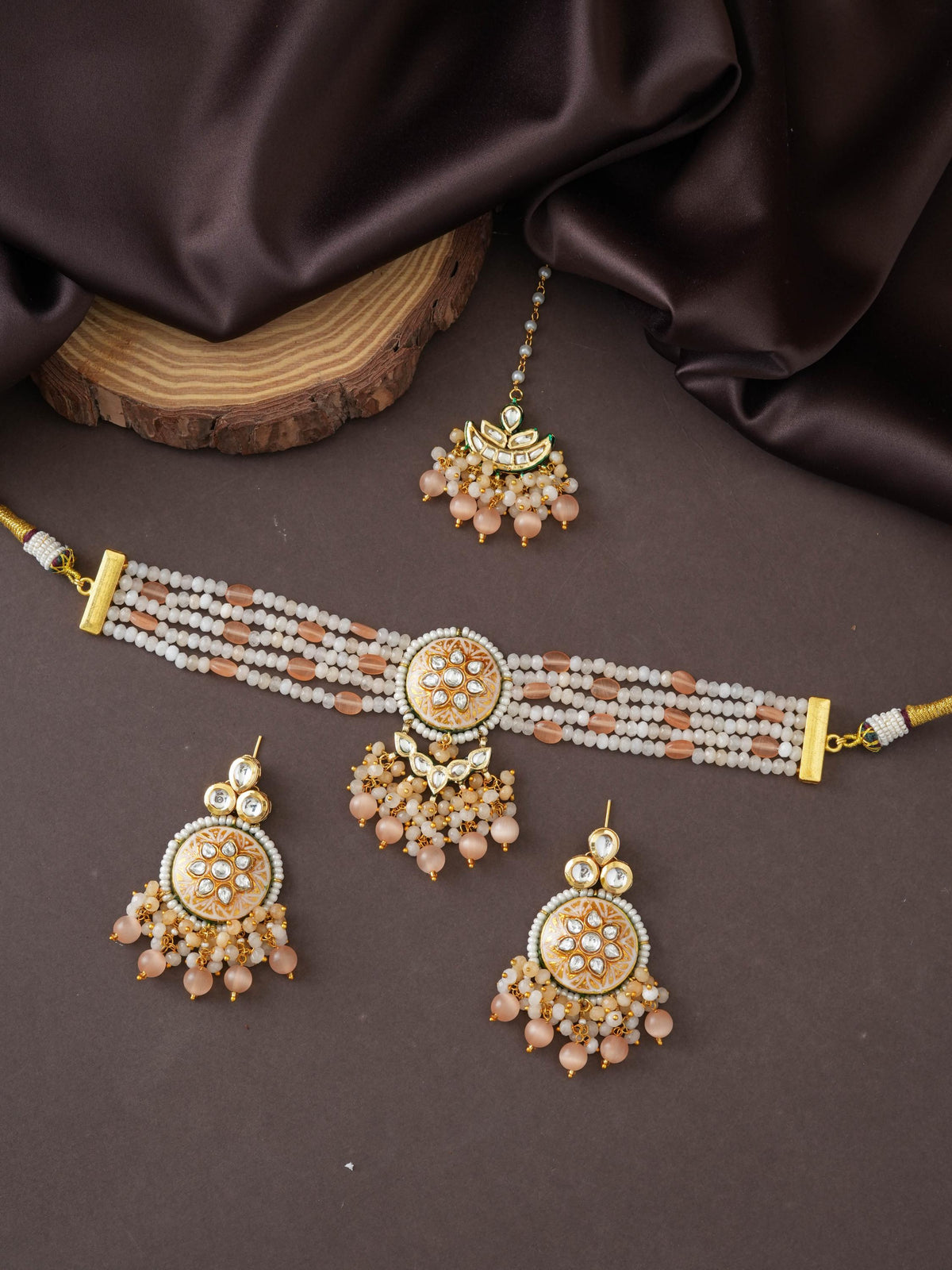 Meenakari Kundan Choker Set, Indian Bridal Jewelry, Onyx & Monalisa Beads, Traditional Statement Necklace
