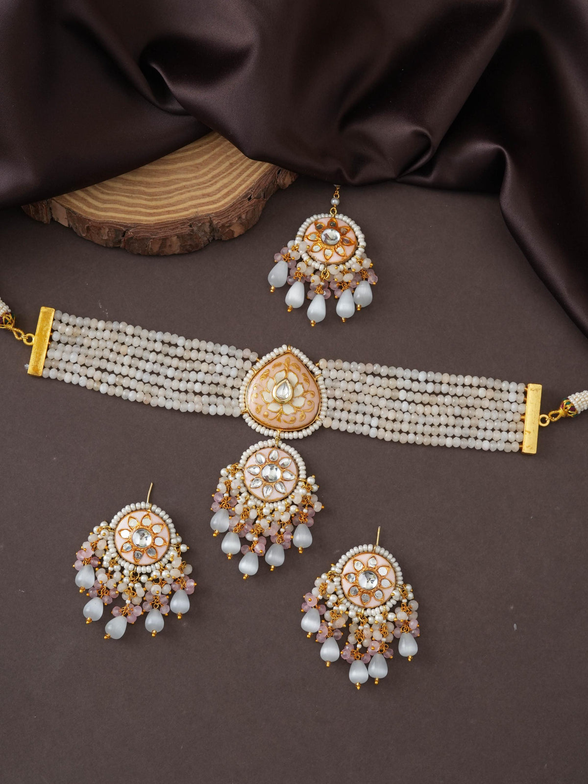 Ivory Meenakari Choker Necklace Set with Onyx Beads & Quartz Drops, Handcrafted Indian Bridal Jewelry, Traditional Kundan Style