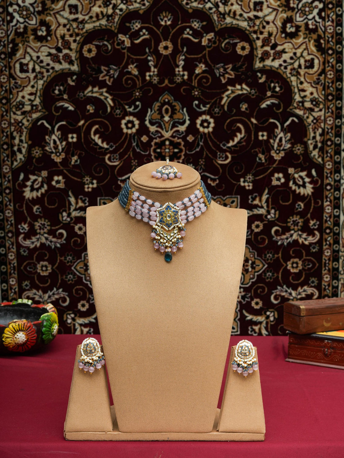 Blue-Pink Meenakari Kundan Choker | Handmade Rajasthani Jewelry | Onyx Beads & Quartz Drops | Brass Bridal Necklace | Pinkcity Craft