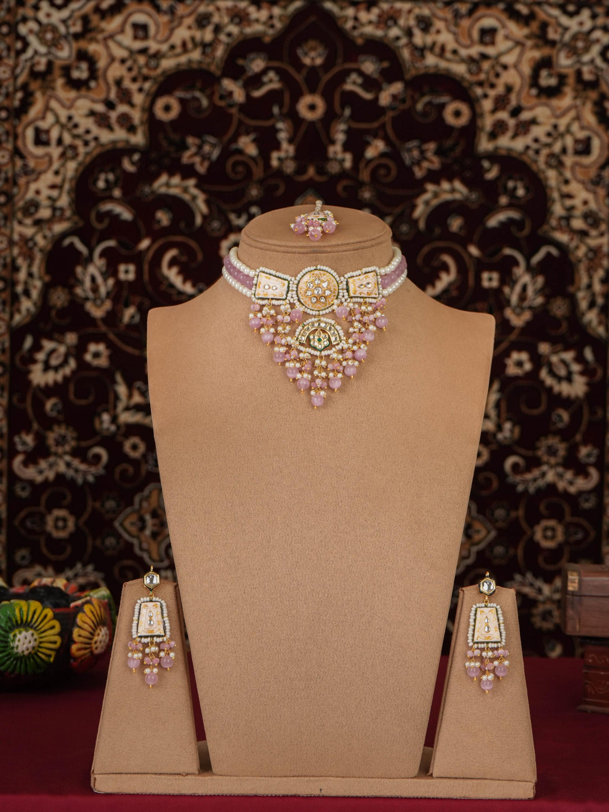 Pink Meenakari Kundan Choker | Handmade Rajasthani Jewelry | Shell Pearl & Monalisa Beads | Traditional Indian Bridal Set | Pinkcity Craft