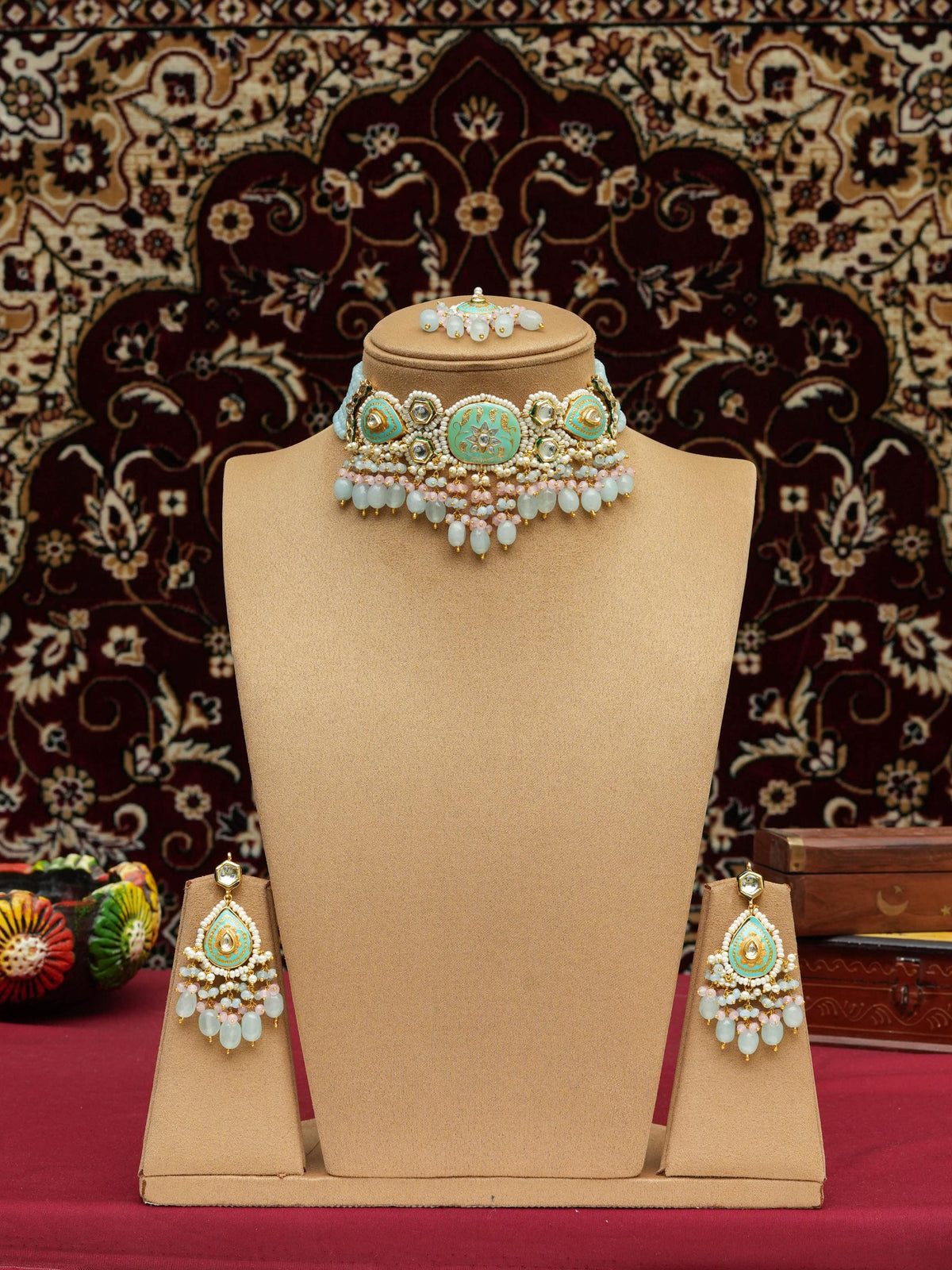 Meenakari Kundan Choker Necklace with Quartz Drops | Brass Indian Statement Jewelry | Pinkcity Craft