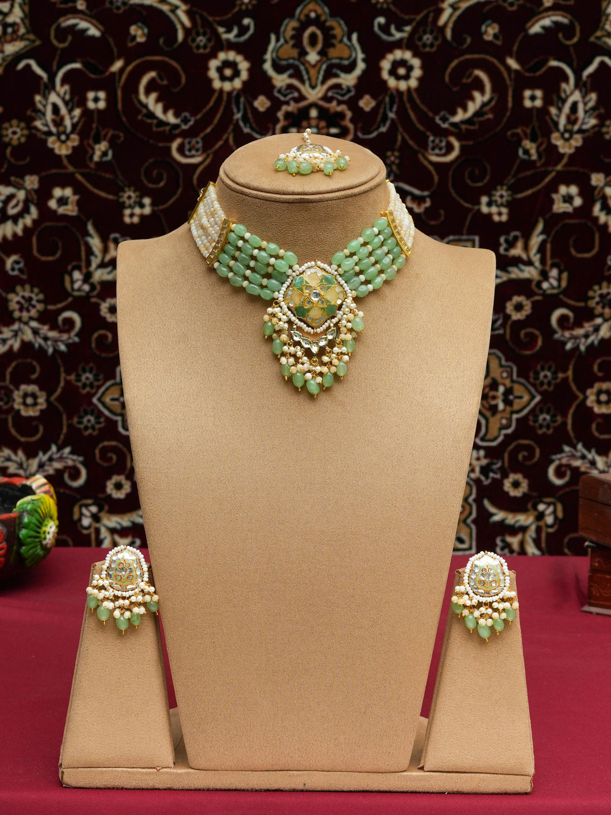Green-Ivory Meenakari Kundan Choker Necklace, Brass Indian Bridal Jewelry with Onyx Beads & Quartz Drops