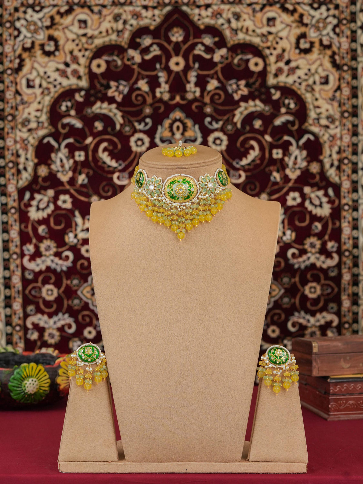 Yellow Meenakari Choker Necklace Set with Uncut Kundan Floral Motifs, Indian Bridal Jewelry, Onyx Beads & Quartz Drops
