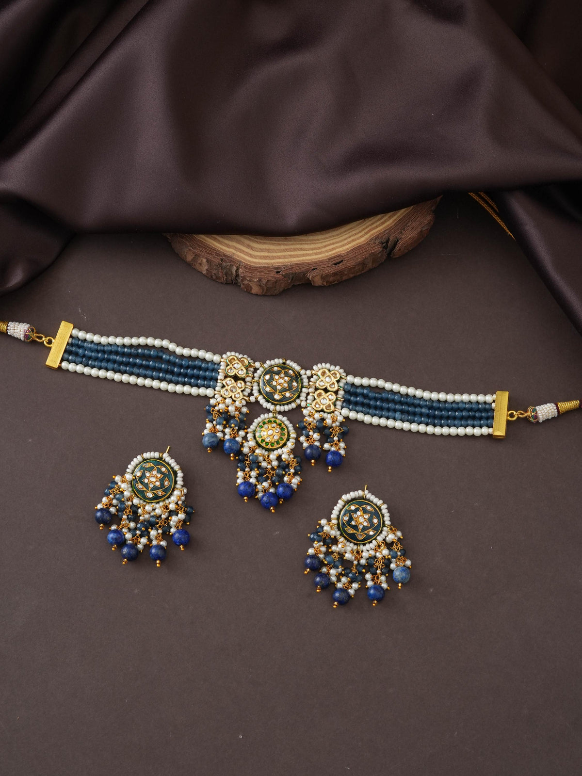 Blue Meenakari Kundan Choker Necklace Set, Onyx Bead Jewelry, Quartz Drops, Statement Ethnic Jewelry.