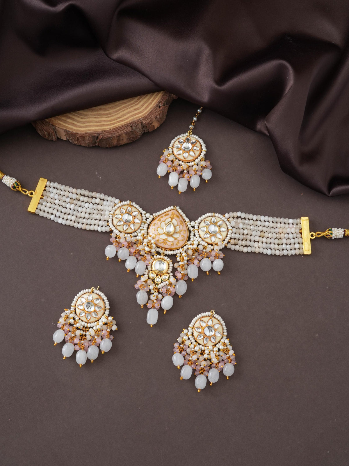 Off-White Meenakari Kundan Choker Necklace Set, Onyx Bead Jewelry, Quartz Drops, Traditional Rajasthani Necklace