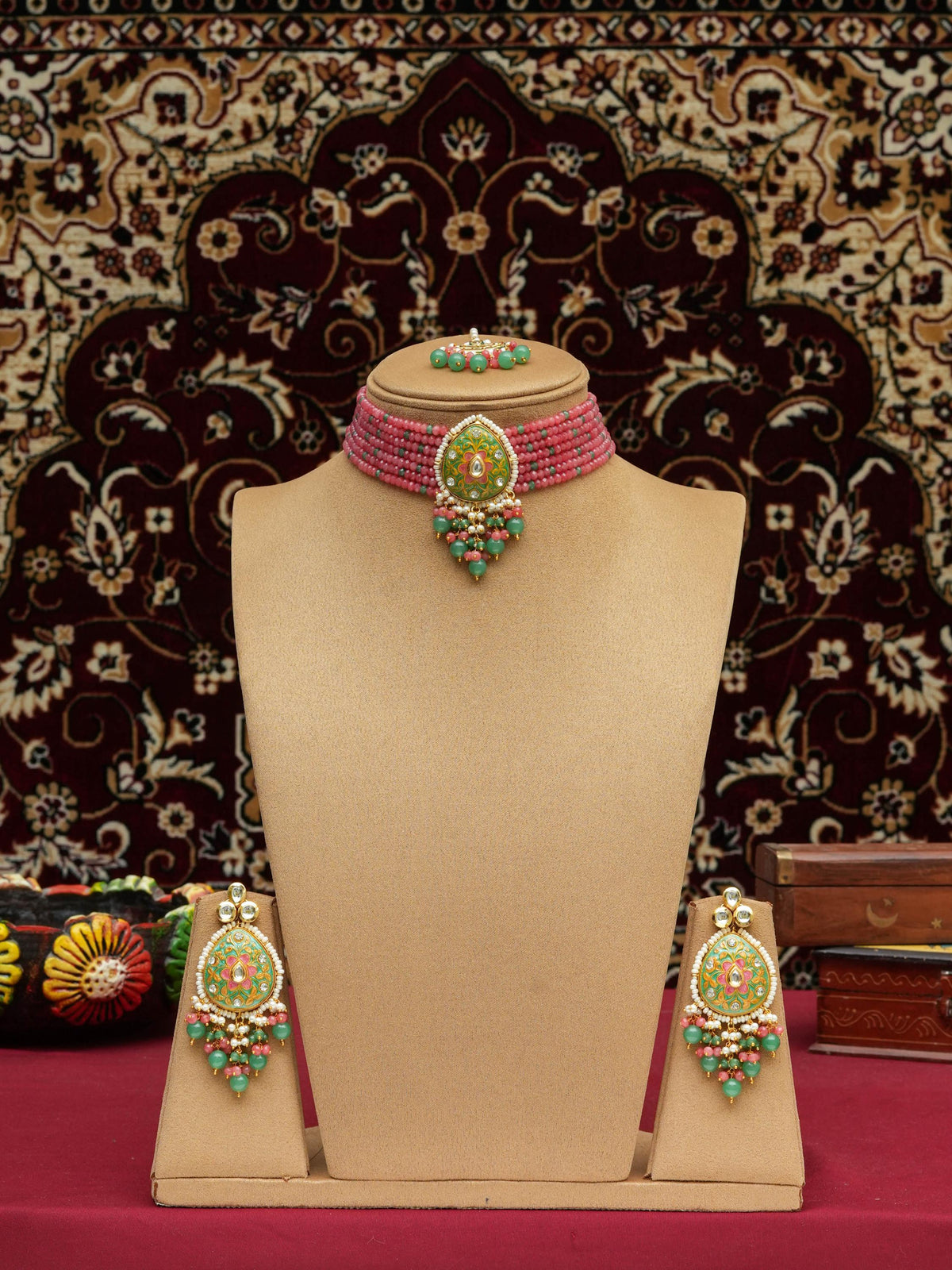 Coral Pink Meenakari Choker Necklace Set | Handmade Indian Ethnic Statement Jewelry | Traditional Necklace | PinkCity Craft