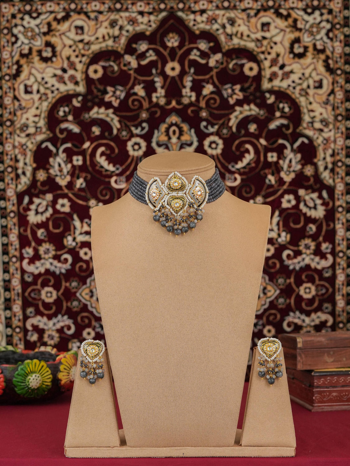 Black Grey Meenakari Choker Necklace Set | Onyx Beads & Natural Larvikite Drops | Handmade Indian Ethnic Jewelry