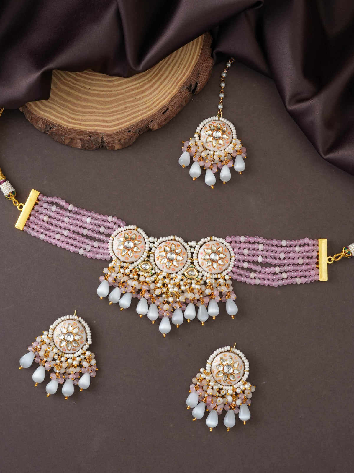 Hand-Painted Floral Meenakari Kundan Choker Set with Onyx Beads & Quartz Drops