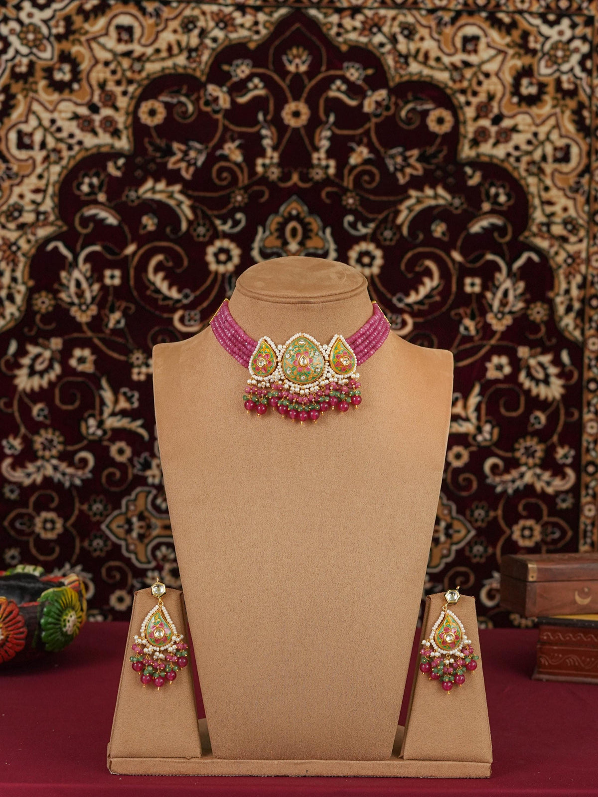Pink Green Meenakari Choker Necklace Set | Handmade Indian Bridal Jewelry | Traditional Ethnic Statement Necklace | PinkCity Craft