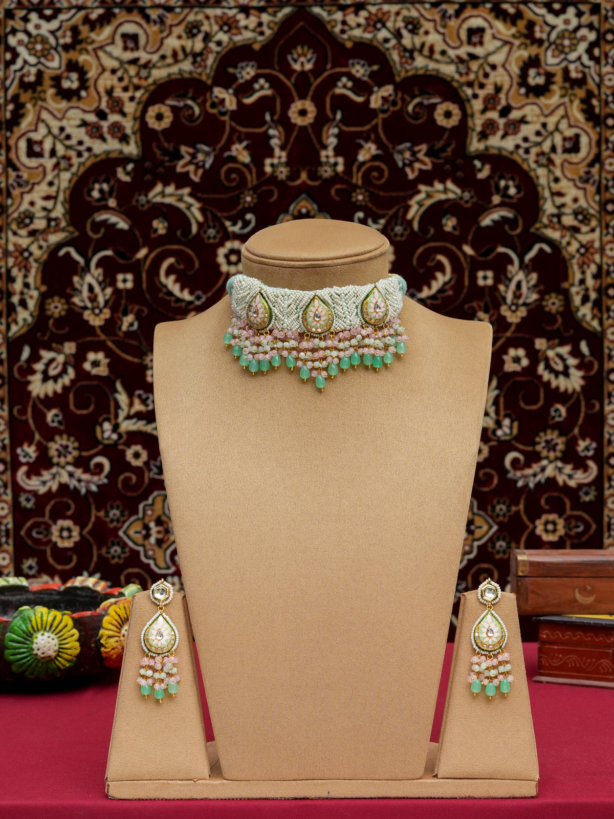 Mint & Pink Patwa Craft Meenakari Choker Set | Handmade Indian Bridal Jewelry | Traditional Ethnic Necklace | PinkCity Craft