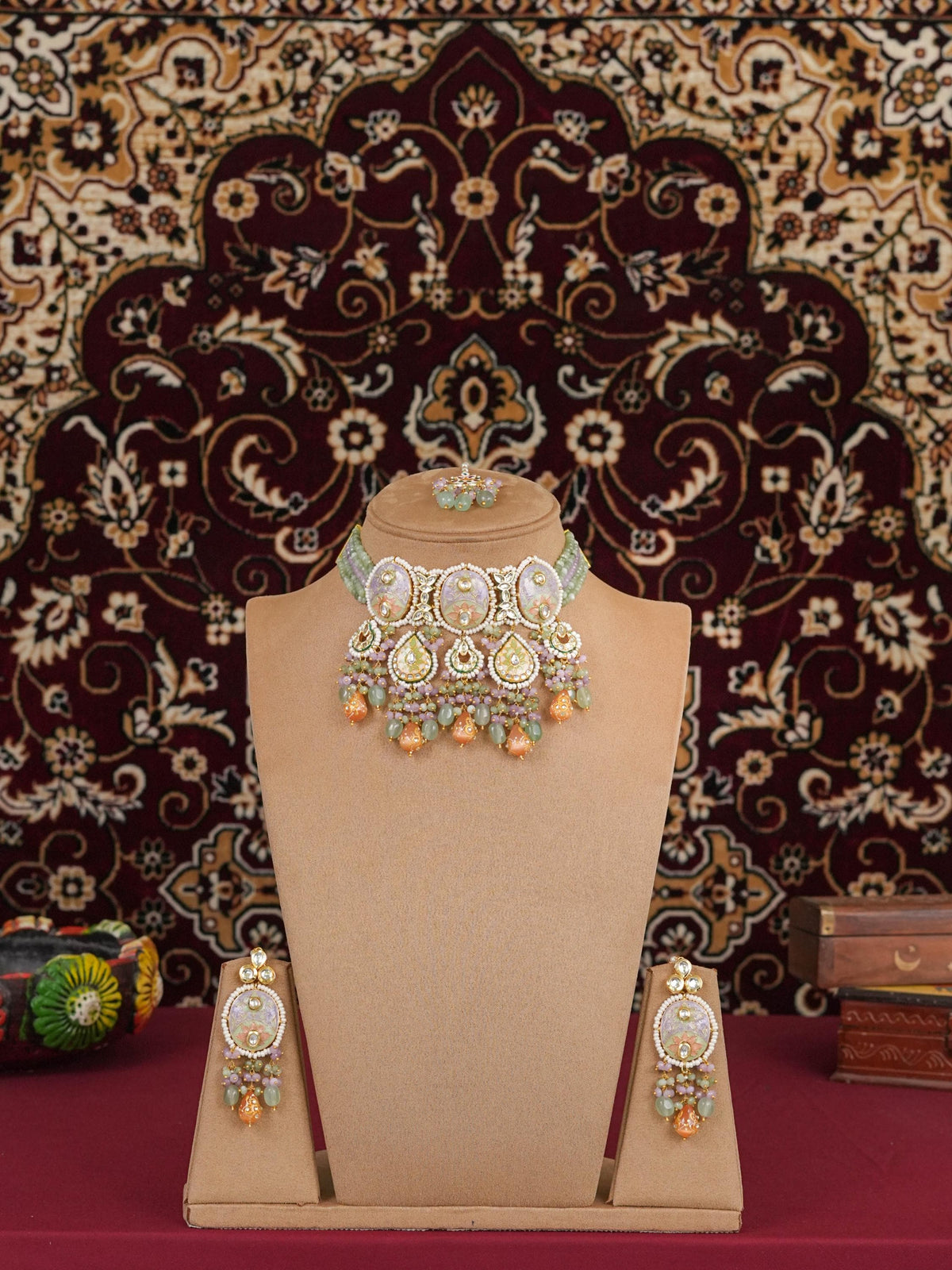 Pastel Meenakari Kundan Choker Set with Onyx Beads & Hand Painted Monalisa Drops, Indian Bridal Set