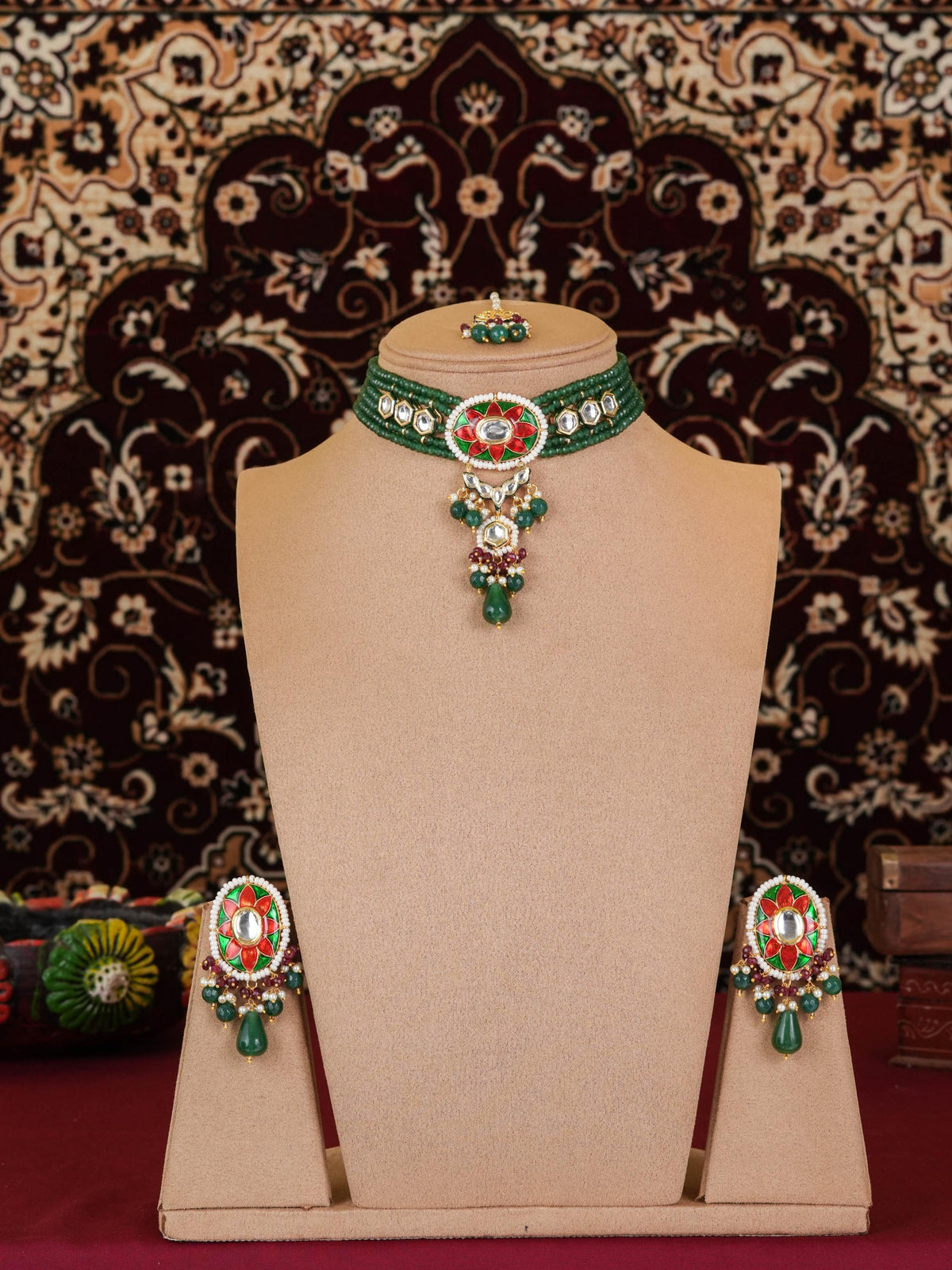 Emerald Green Meenakari Kundan Choker Necklace Set with Onyx Beads & Drops | Traditional Indian Bridal Jewelry