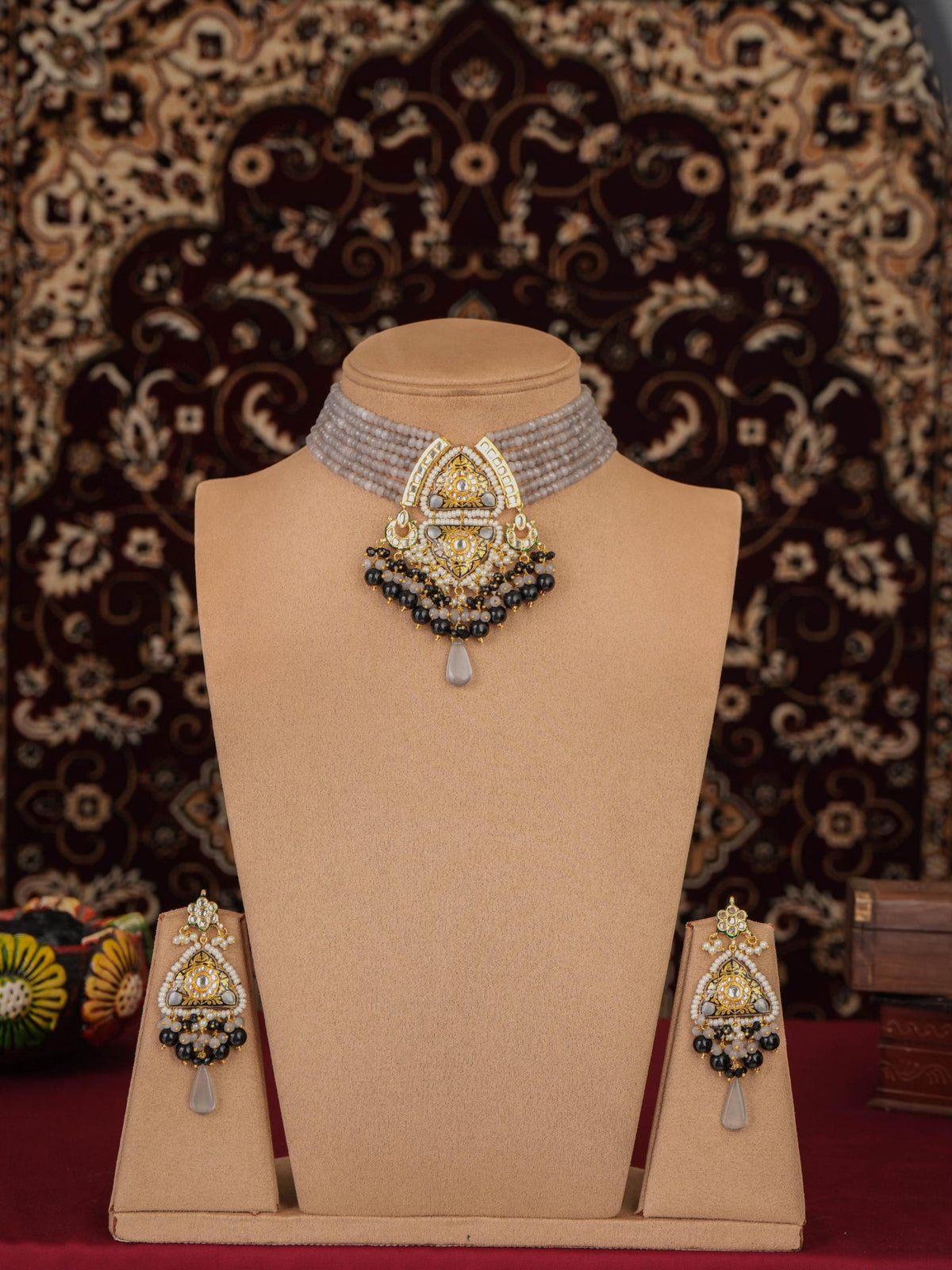 Grey Black Meenakari Kundan Choker Necklace Set with Onyx Beads & Quartz Drops