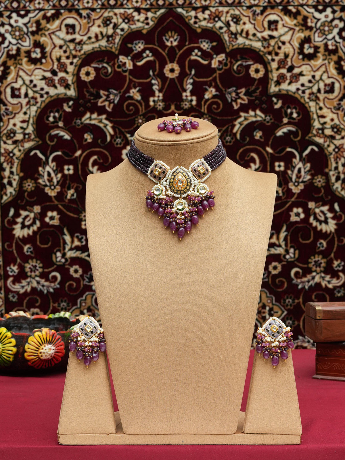 Purple Meenakari Kundan Collar Necklace Set with Onyx Beads & Quartz Drops, Indian Bridal Jewelry, Handmade Rajasthani Statement Choker