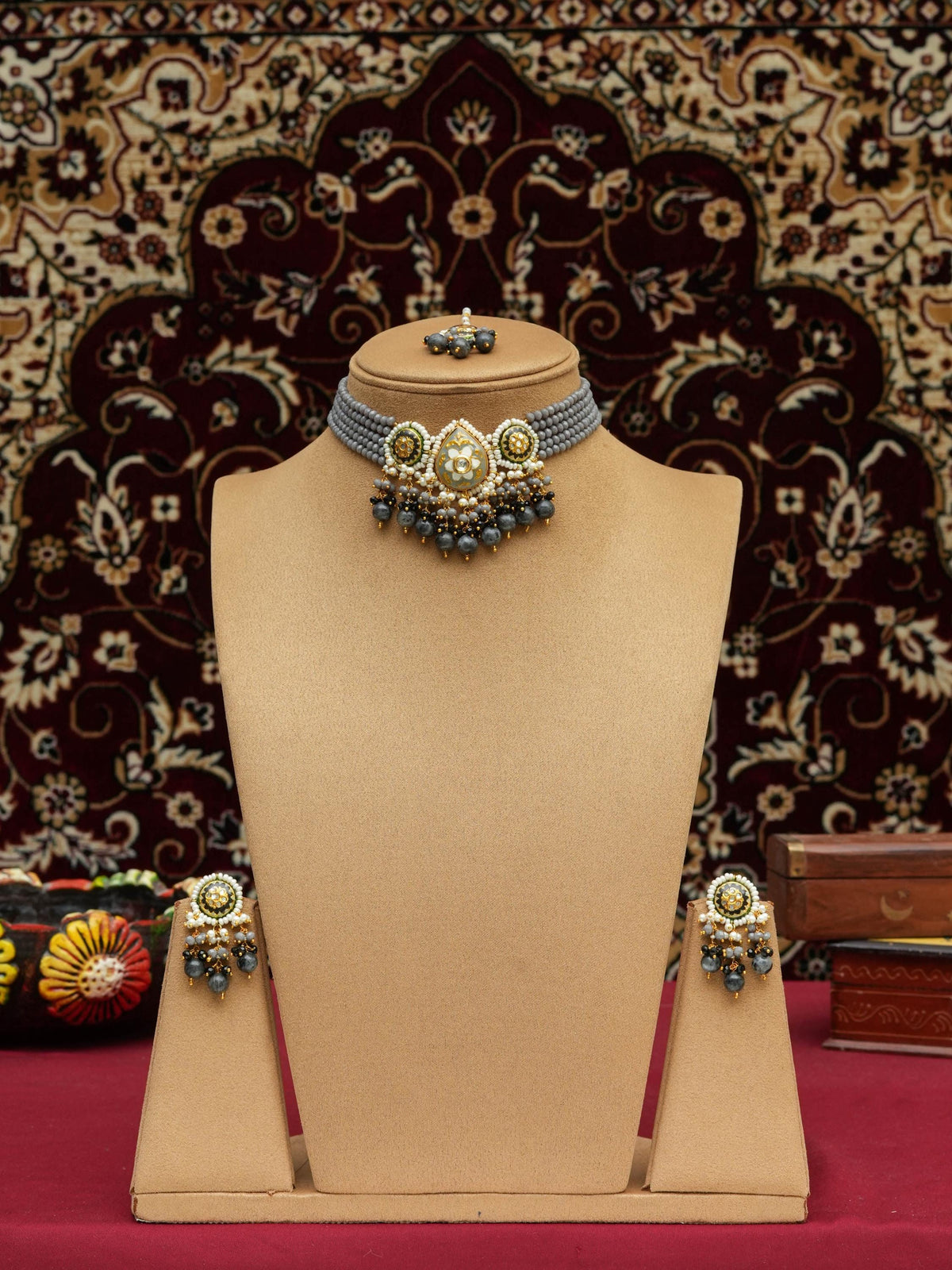 Meenakari Choker Necklace with Onyx Beads & Natural Larvikite Drops, Indian Bridal Jewelry, Handmade Rajasthani Choker Set