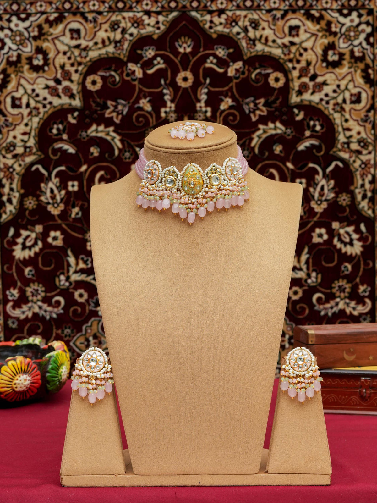 Baby Pink Meenakari Kundan Choker Necklace | Rajasthani Statement Necklace with Onyx Beads & Quartz Drops