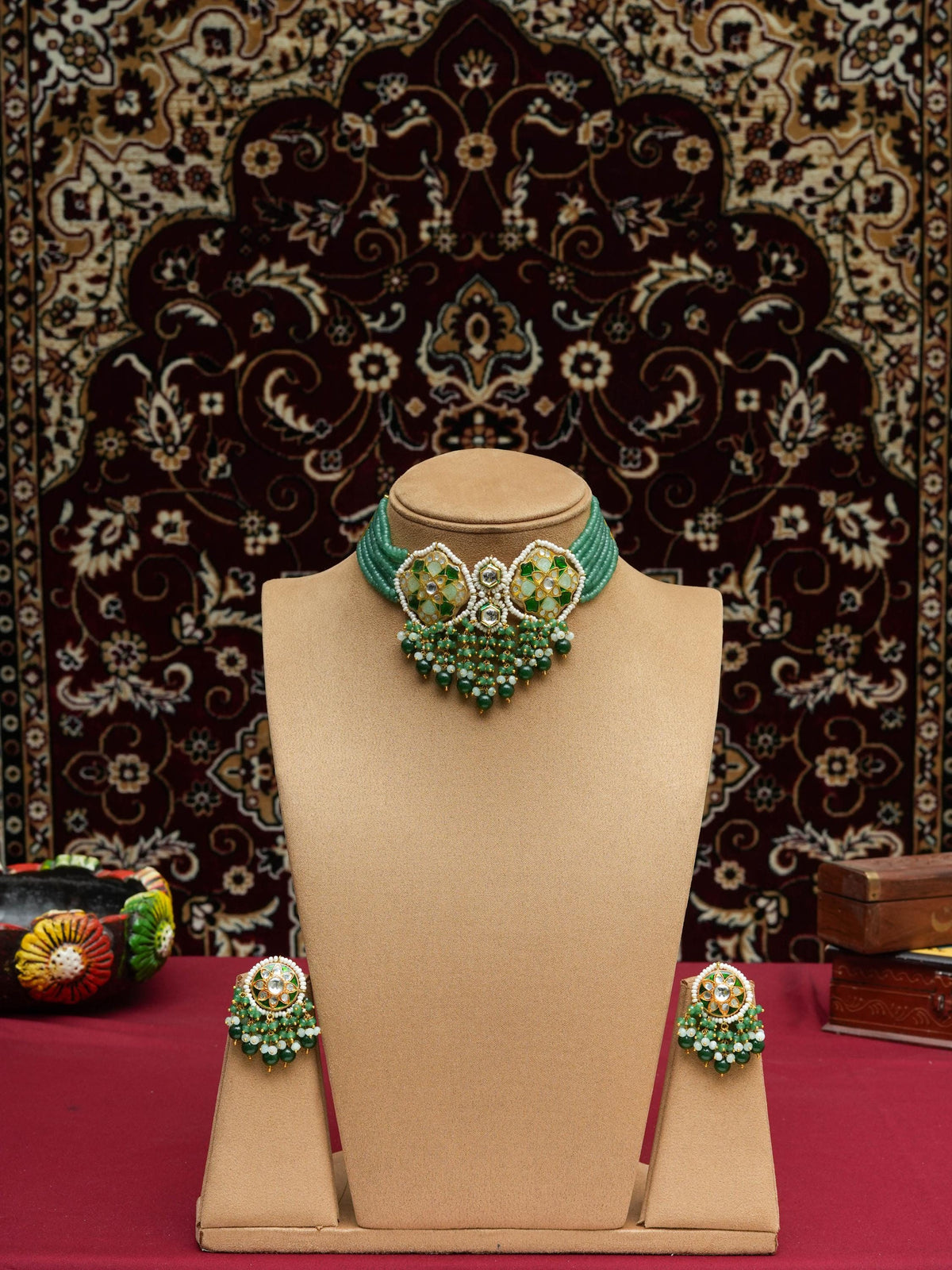 Green Meenakari Kundan Choker Necklace, Brass Indian Bridal Jewelry, Rajasthani Statement Necklace with Onyx Beads & Quartz Drops