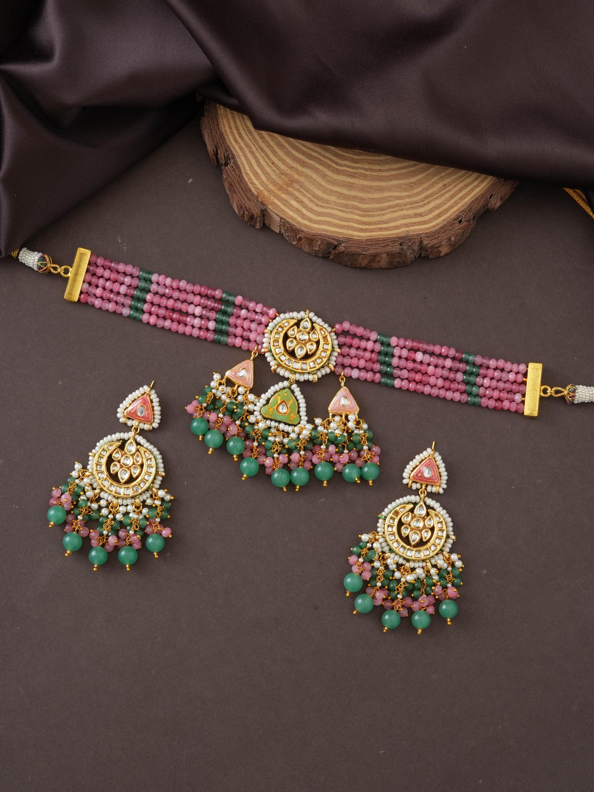 Pink Mint Kundan Choker Necklace Set, Meenakari Onyx Bead Jewelry, Quartz Drops
