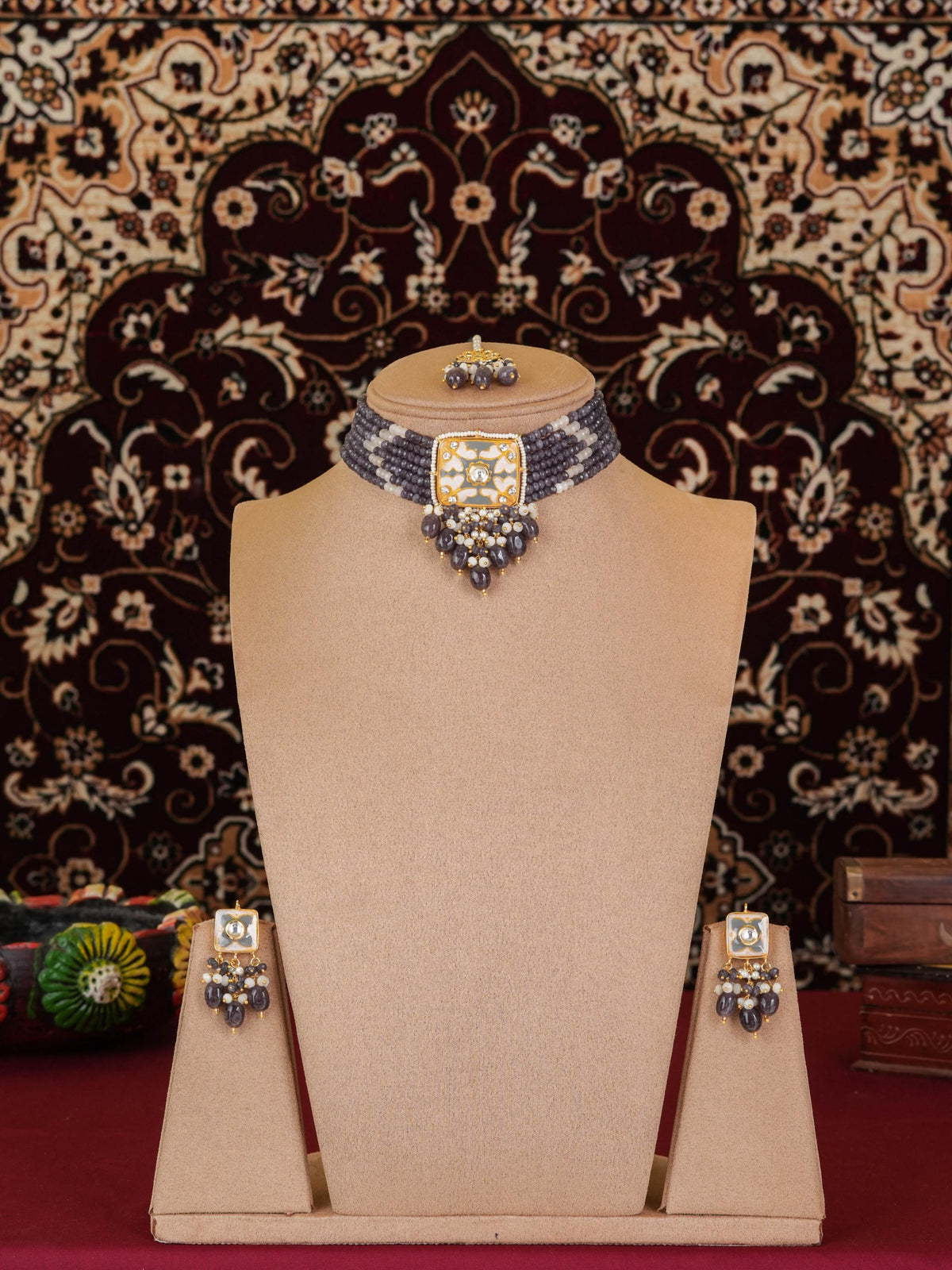 Black Grey Meenakari Choker Necklace Set, Onyx Bead Jewelry, Quartz Drops