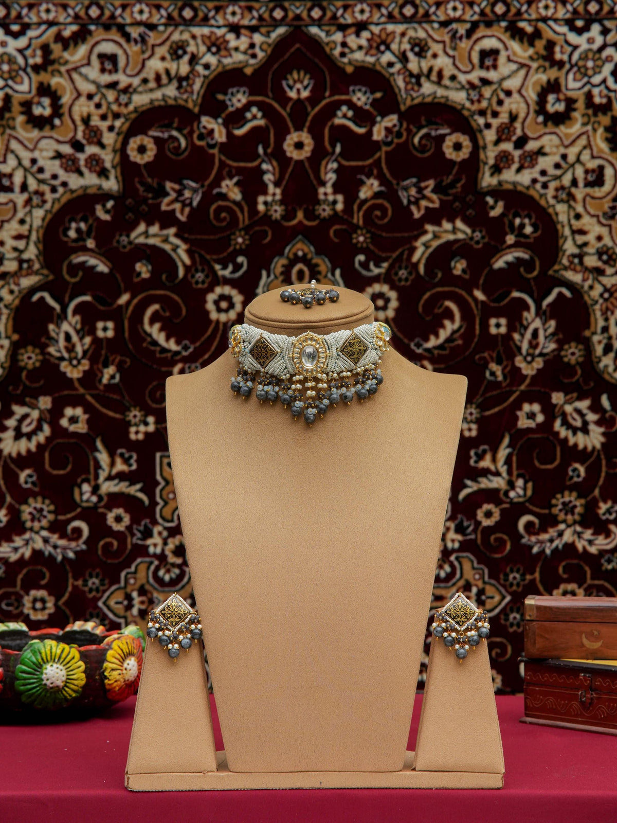 Meenakari Uncut Kundan Patwa Craft Choker Set | Natural Larvikite Onyx Jewelry | Handmade Indian Bridal Necklace | PinkCity Craft