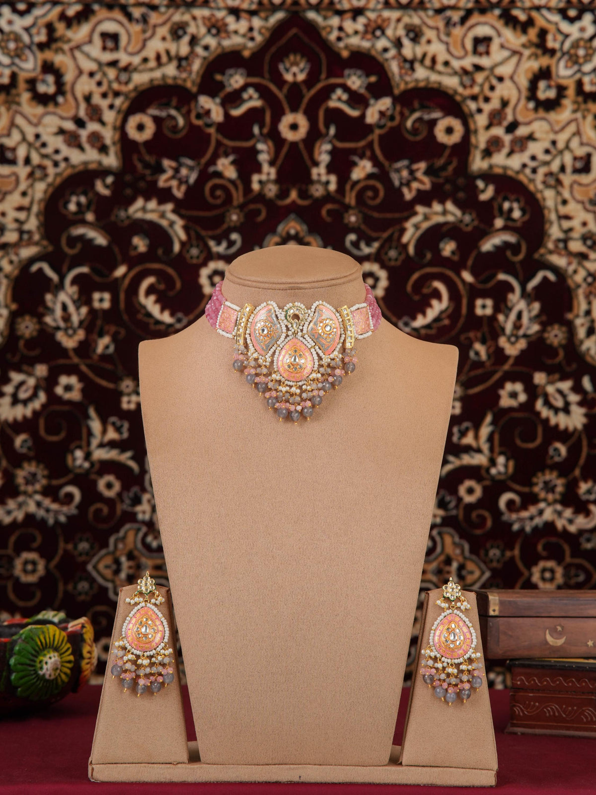 Pink & Grey Meenakari Kundan Necklace Set | Handmade Rajasthani Necklace | Traditional Bridal Jewelry
