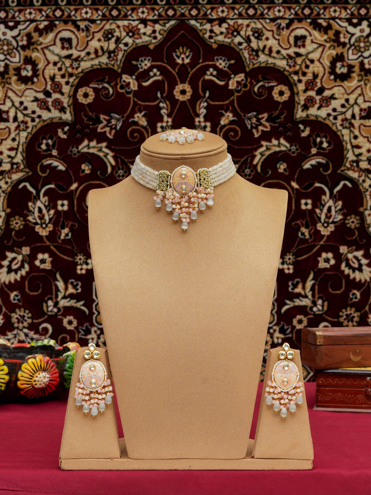 Baby Pink & Off-White Meenakari Kundan Choker Set | Indian Bridal Jewelry | PinkCity Craft