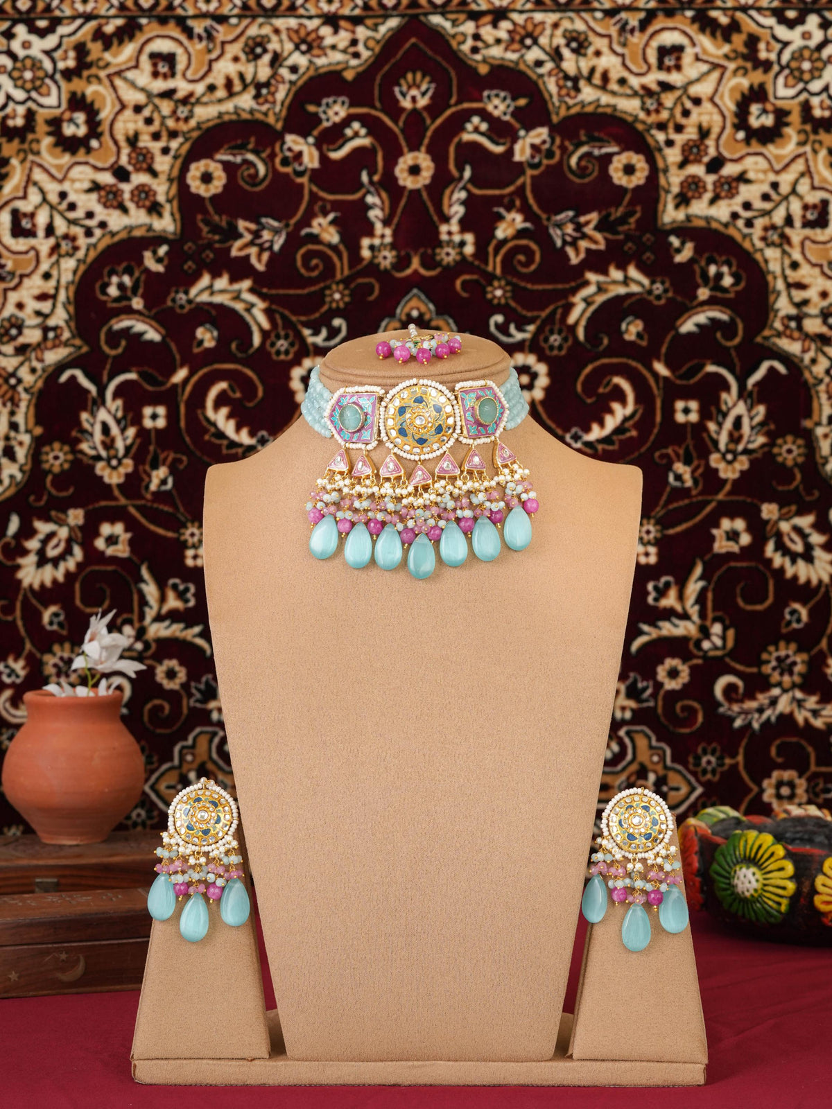 Firoza Pink Meenakari Choker Necklace Set | Handmade Indian Bridal Jewelry | Traditional Ethnic Statement Necklace | PinkCity Craft