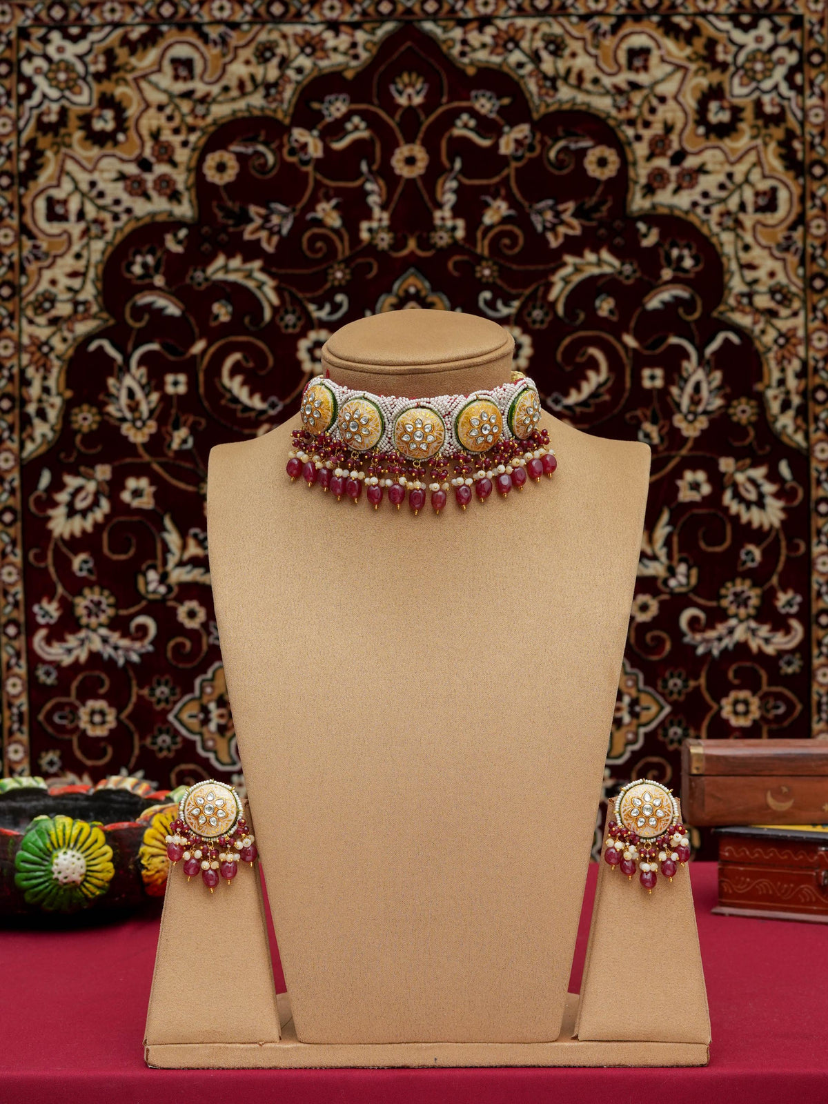 Maroon & Cream Meenakari Patwa Choker Set | Handmade Indian Bridal Jewelry | Traditional Ethnic Necklace | PinkCity Craft