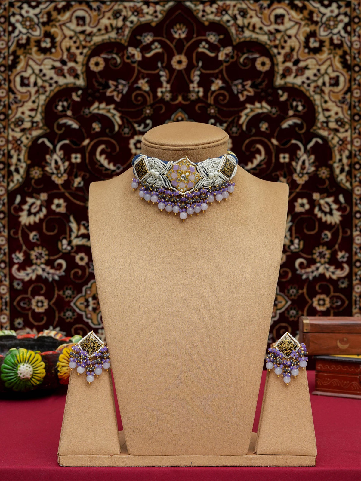Blue & Lavender Meenakari Choker Set | Handmade Patwa Craft Jewelry | Indian Bridal Necklace | PinkCity Craft