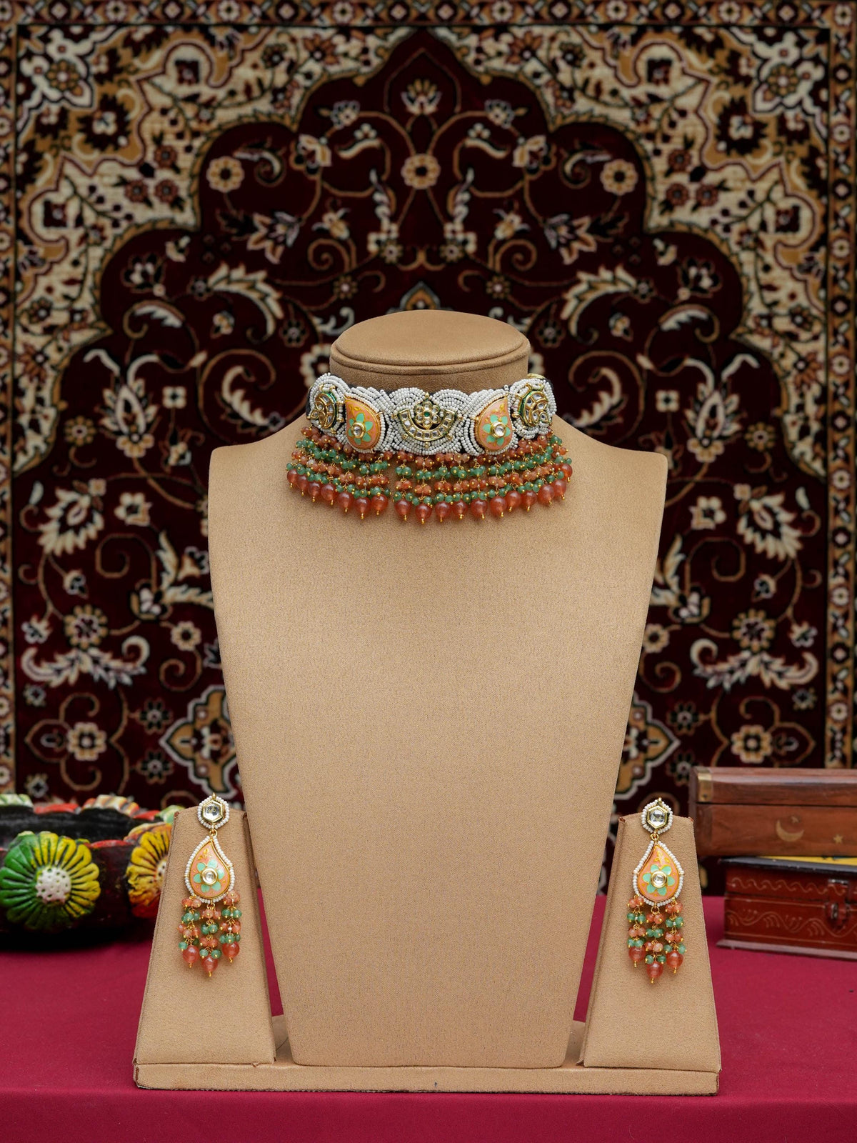 Black Patwa Craft Meenakari Choker Set, Onyx & Quartz Drops, Handmade Indian Bridal Jewelry, PinkCity Craft