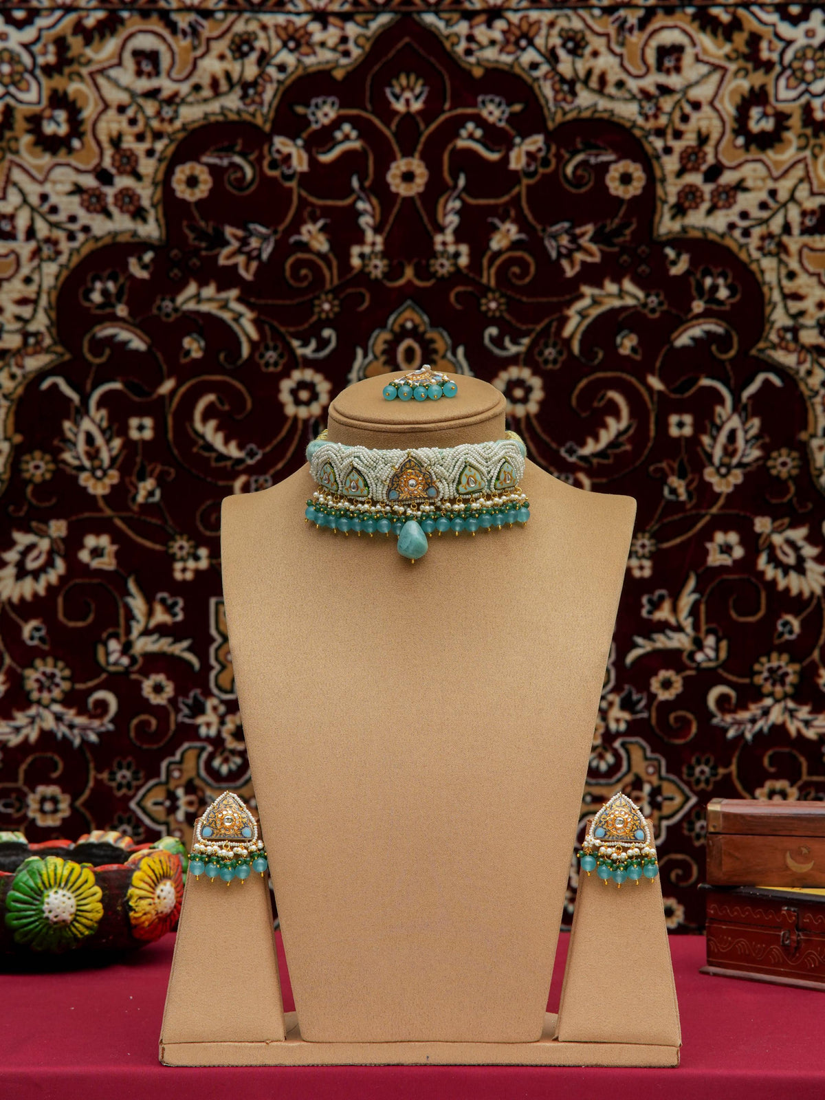 Green Aventurine Meenakari Patwa Choker Set | Handmade Indian Bridal Jewelry | Rajasthani Ethnic Necklace | PinkCity Craft