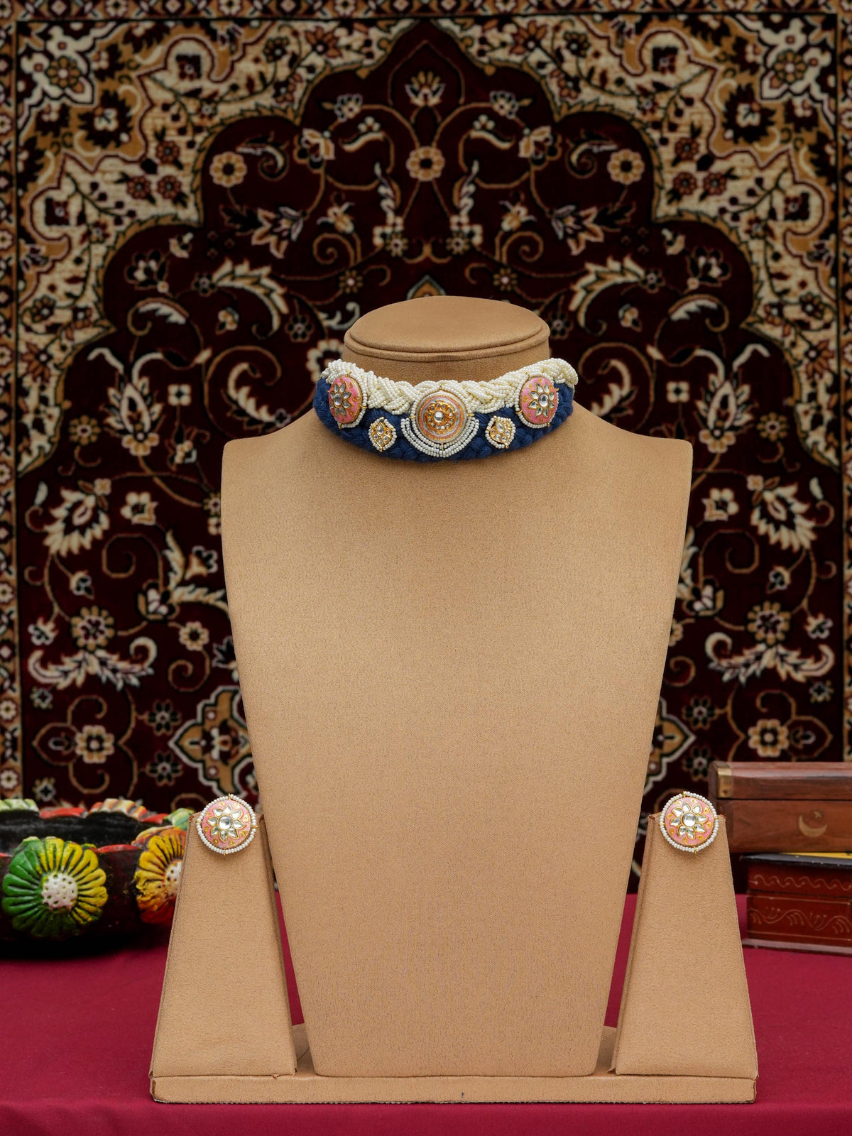 White & Navy Blue Patwa Craft Meenakari Pachi Kundan Choker Set, Handmade Indian Jewelry, Traditional Rajasthani Choker